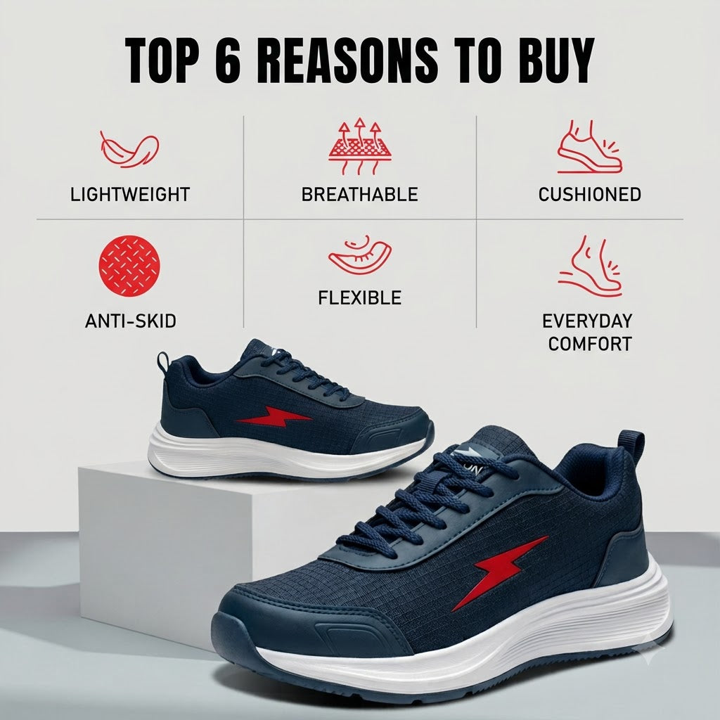 A pair of navy blue athletic sneakers with red lightning bolt accents and white soles, shown on a clean light gray background with marketing text reading 'TOP 6 REASONS TO BUY' and feature icons for lightweight, breathable, cushioned, anti-skid, flexible, and everyday comfort.