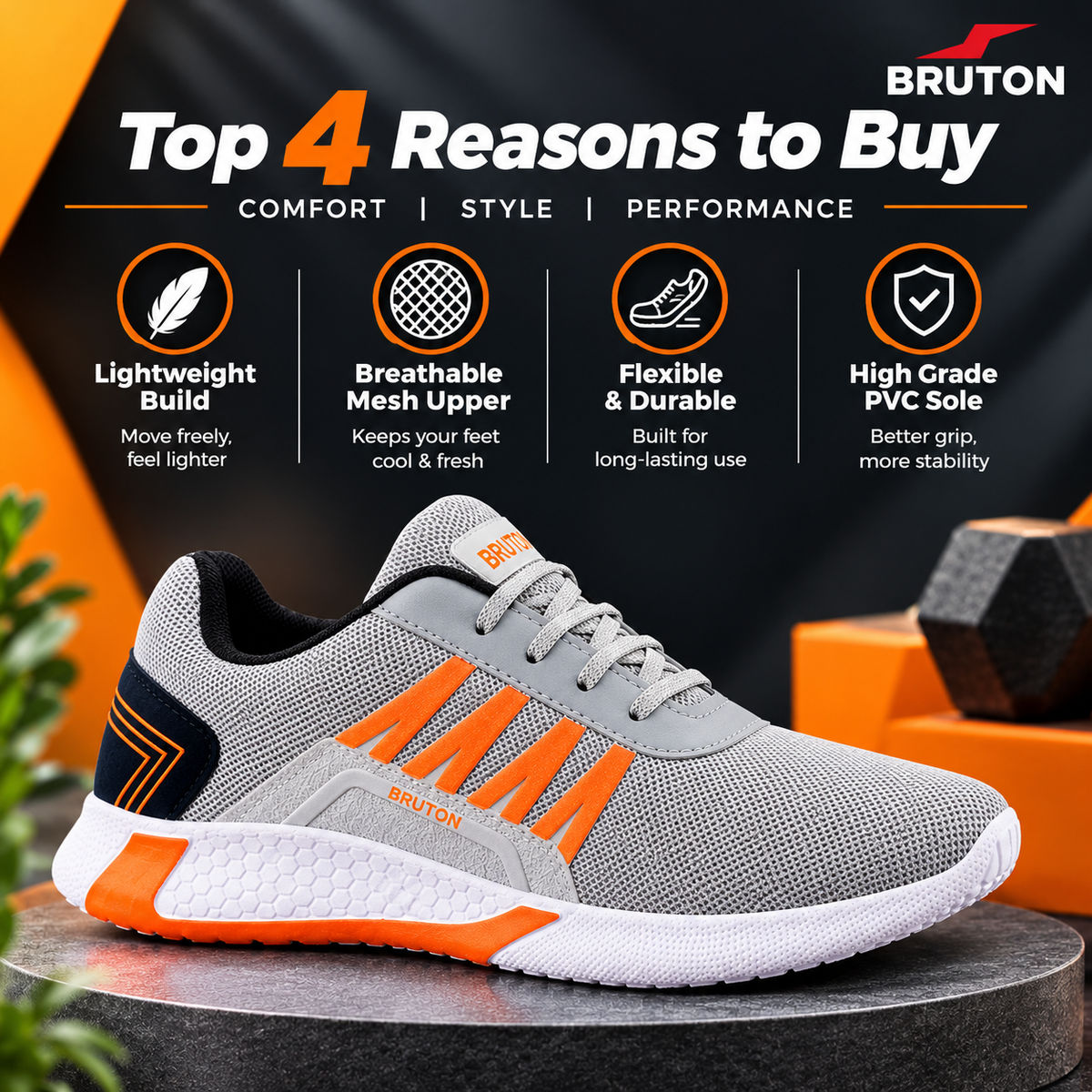 BRUTON PVC444 Men's Sports Shoes – Lightweight Running, Walking & Training Shoes
