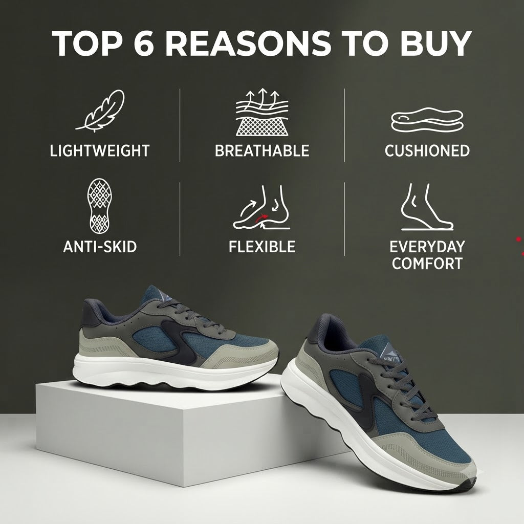 EVA608 Men’s Premium Casual Sneakers – Navy Blue, Grey & White