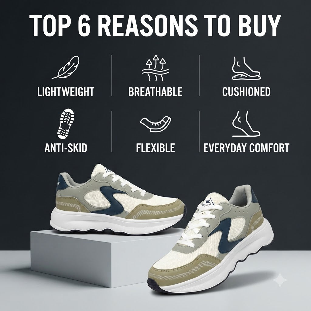 BRUTON EVA609 Men’s Casual Sneakers – White, Grey & Navy Blue