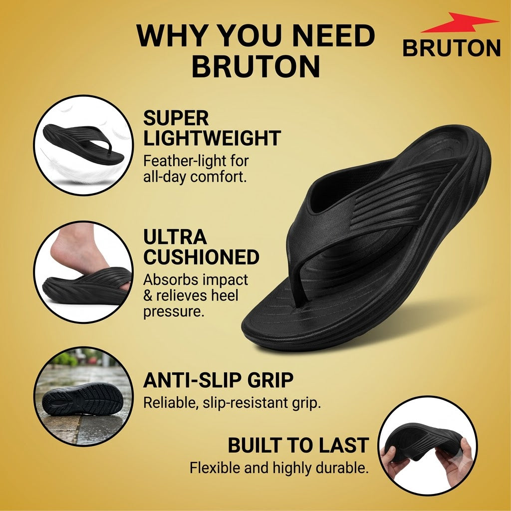BRUTON 1002 Men's Black Flip Flops – Everyday Comfort, Effortless Style