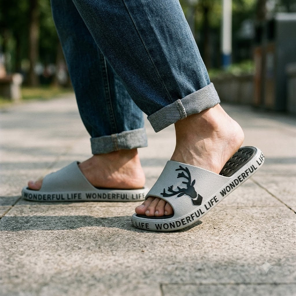 BRUTON 1074 Men's White & Black Casual Slides | Stylish Everyday Comfort