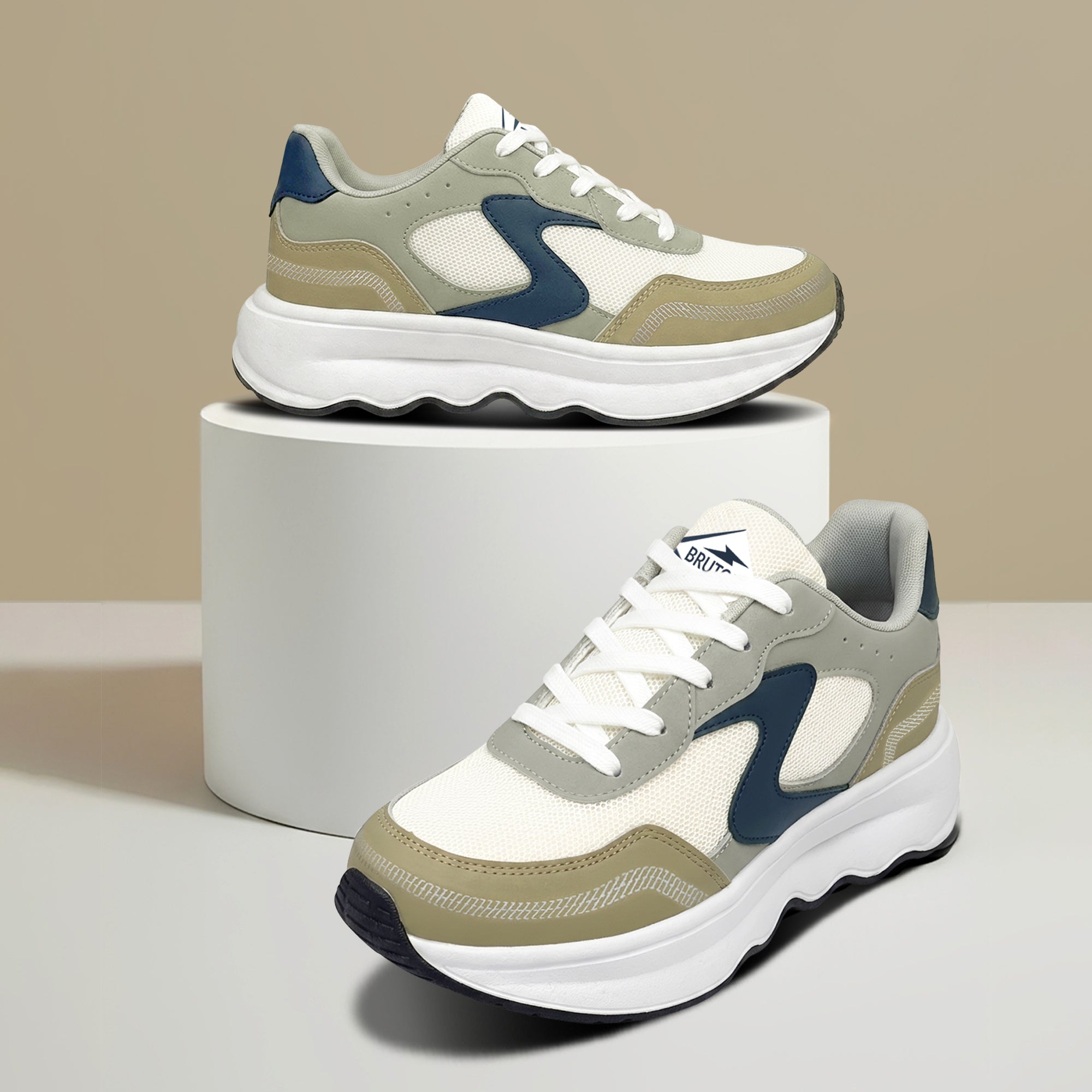 BRUTON EVA609 Men’s Casual Sneakers – White, Grey & Navy Blue