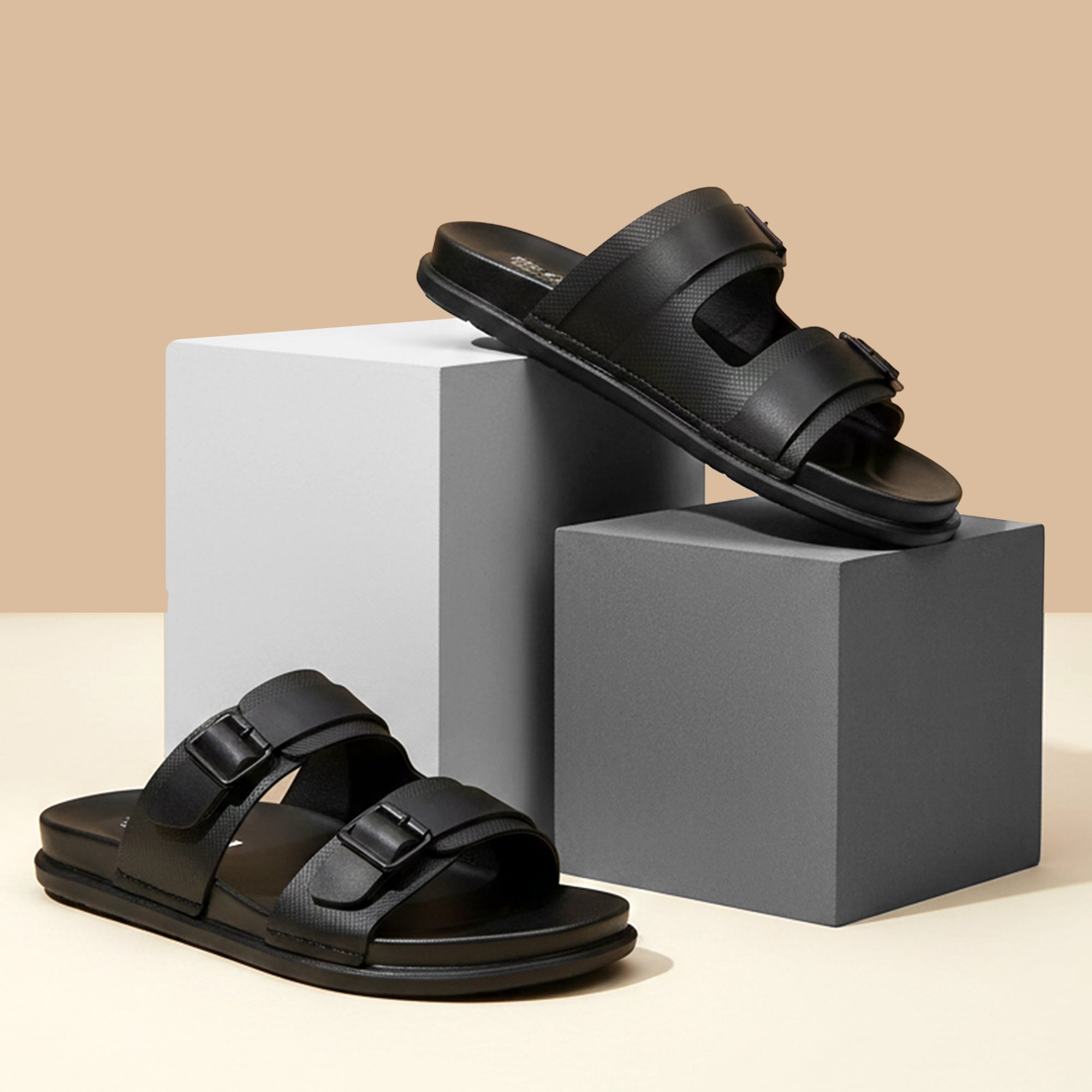 BRUTON Men's Double Strap Casual Sandals | Adjustable Buckle Slides