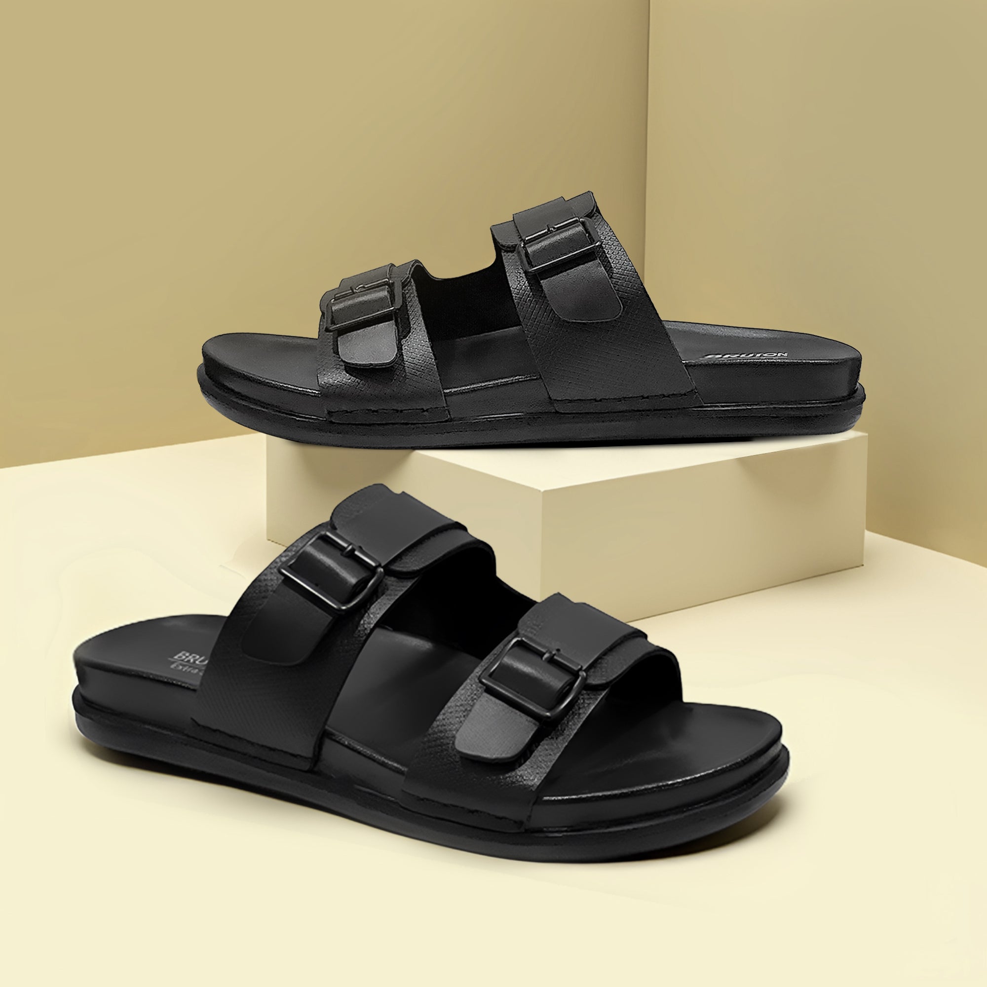 BRUTON Men's Double Strap Casual Sandals | Adjustable Buckle Slides