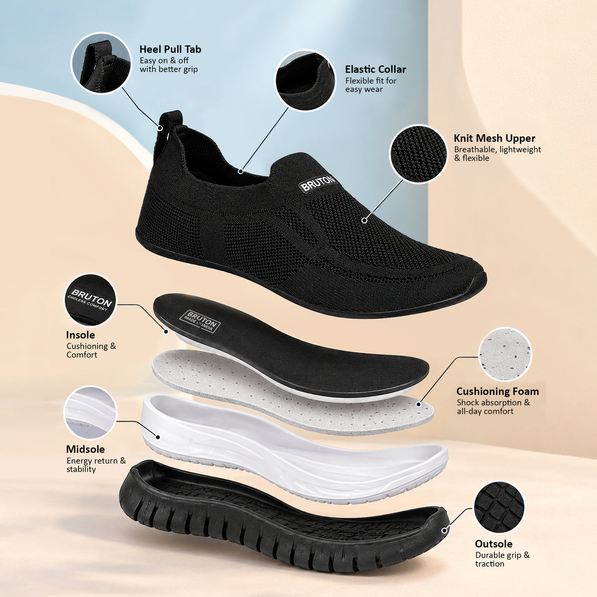 Bruton 790 Men’s Black Slip-On Running Shoes | Lightweight Casual Sports Sneakers