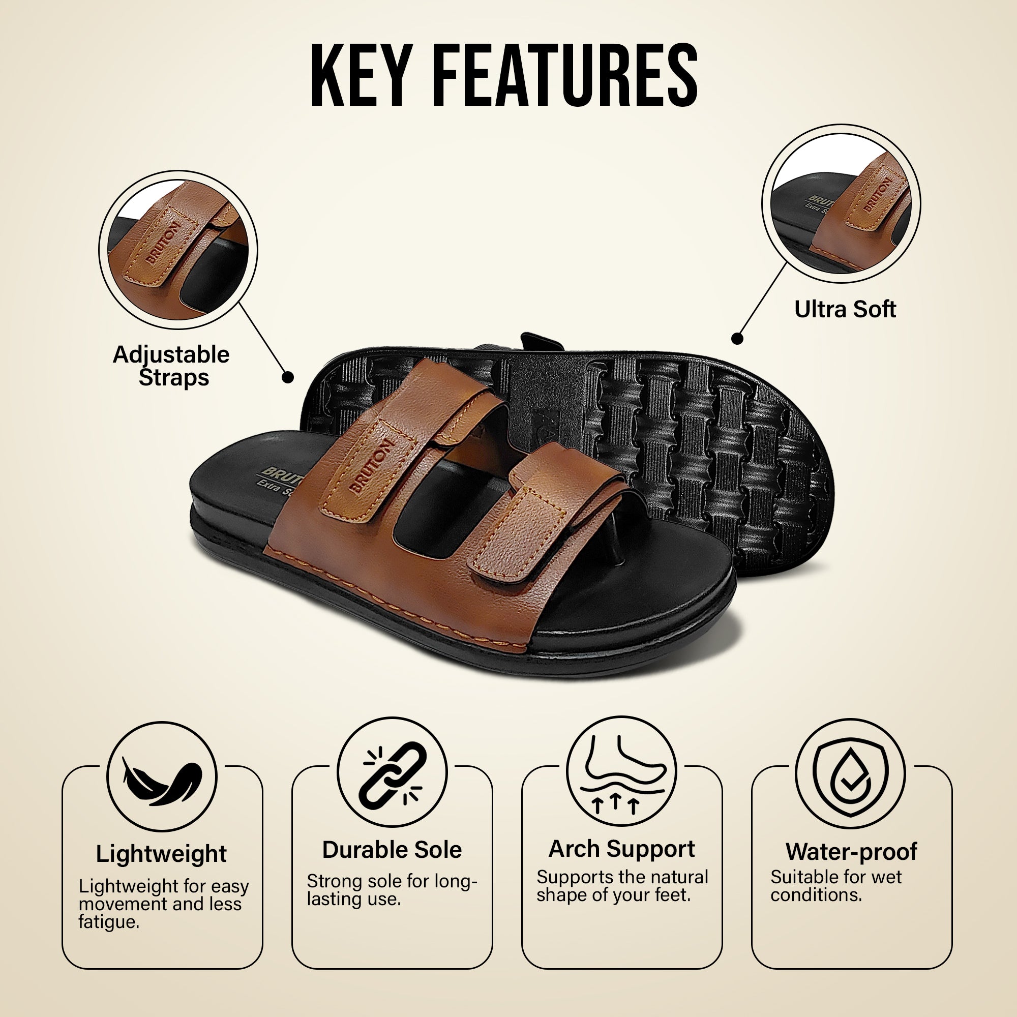 BRUTON Men's Double Strap Casual Sandals | Adjustable Velcro Slides for Walking, Travel & Daily Wear