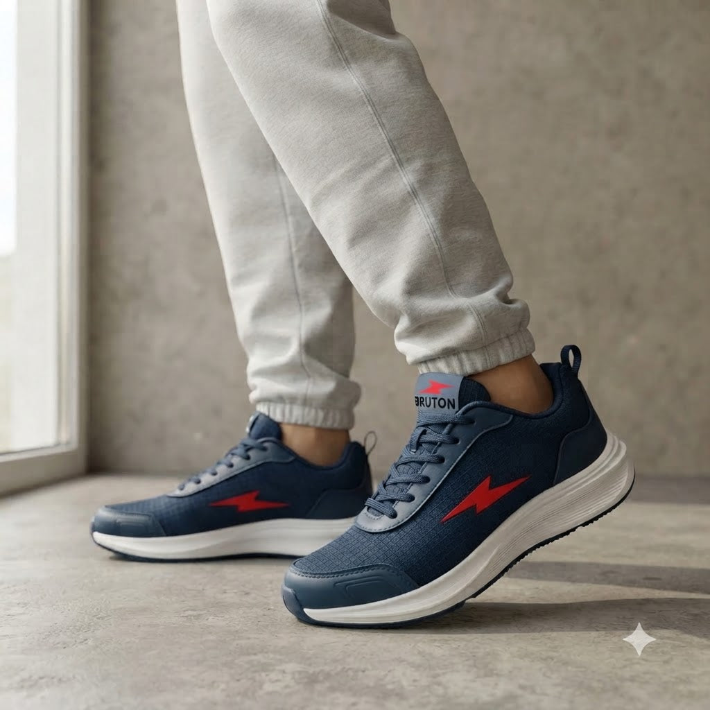 A person wearing navy blue athletic sneakers with red side logos and white soles, paired with light gray jogger pants, standing indoors on a concrete floor.