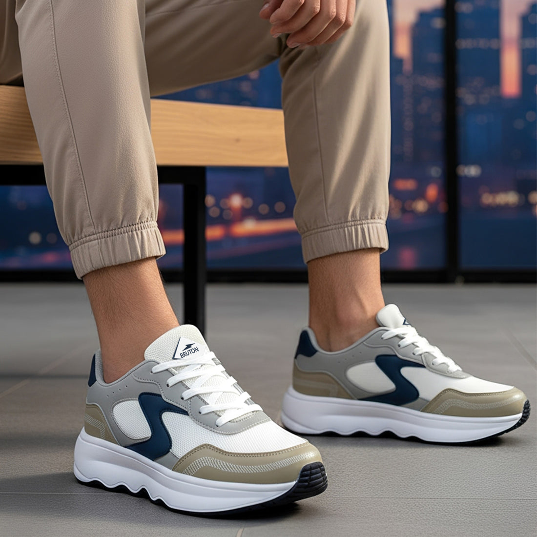 BRUTON EVA609 Men’s Casual Sneakers – White, Grey & Navy Blue